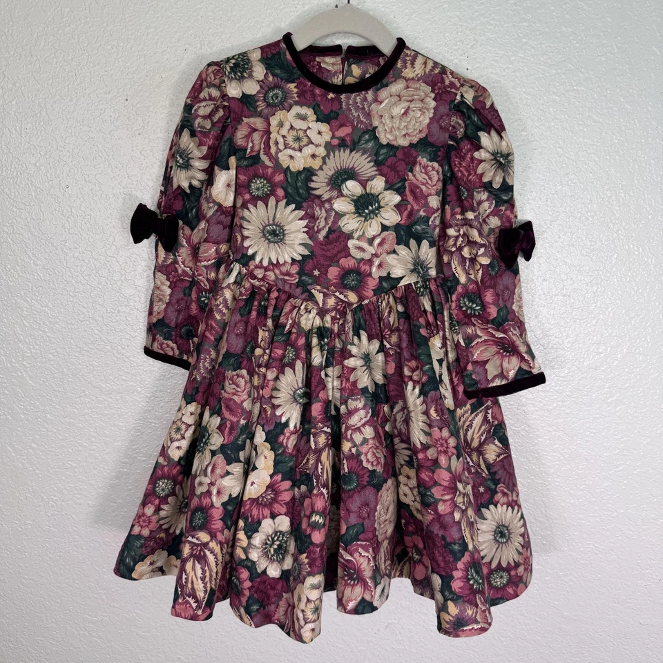 Vestido Vintage Jayne Copeland Niñas 4 Lazos Florales Terciopelo Tul EE. UU. 90s Borgoña Foto 1 de 4