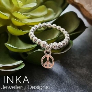 925 Sterling Silver stacking ring Ball Bead STRETCH RING Peace Charm By INKA - Picture 1 of 6