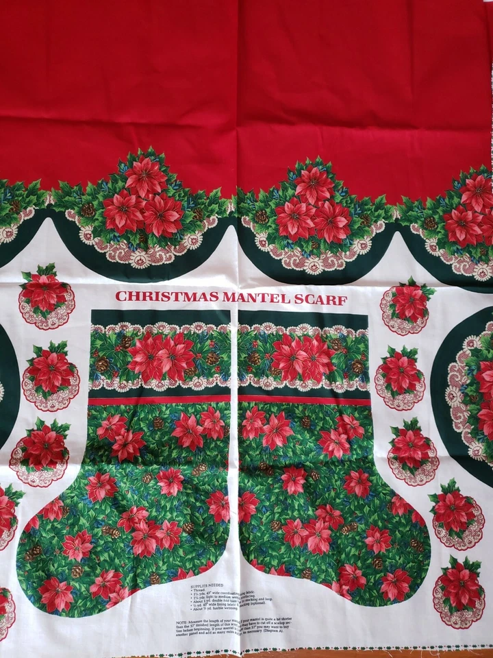 New Cotton Cut & Sew Fabric Christmas Holiday Mantel Scarf Red Green Scallop - Image 1 of 4