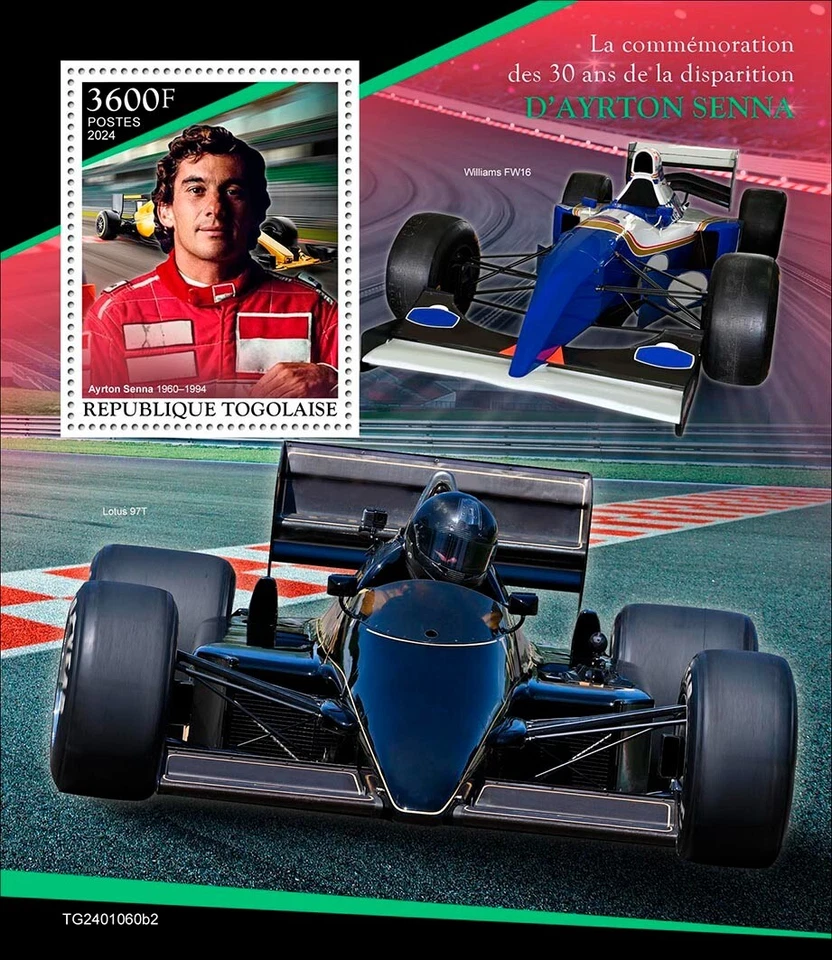 Ayrton Senna 30th Memorial Anniversary Formula 1 MNH Stamps 2024 Togo S/S - Image 1 of 1