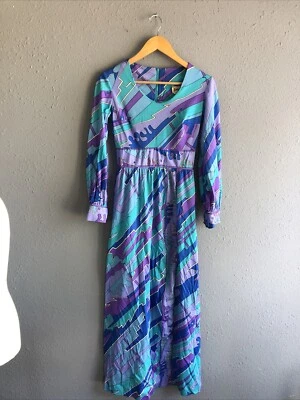 Vintage 1970s Psychedelic Retro  Bohemian Maxi Dress By Neiman Marcus Blues XS/S - Image 1 of 4