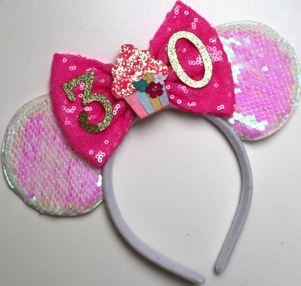 Birthday Minnie Ears, Pink Mickey Mouse Ears, Any Age Birthday Mickey HANDMADE - Image 1 of 4
