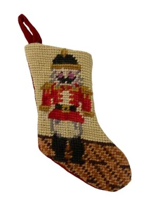 VTG Christmas Miniature Needlepoint Stocking Nutcracker Wool Velvet Satin Lined - Picture 1 of 5