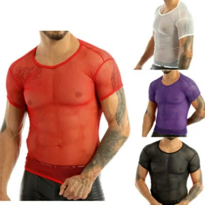 Men Sheer Fishnet T-Shirt Muscle Tops Training Shirt Fitness Sportswear Clubwear - Picture 1 of 36