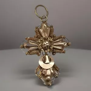Eccezionale antica croce in filigrana etrusca revival oro 14 kt e filo metallico, 2 g - Foto 1 di 7