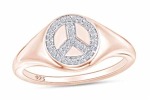 1/10 Ct Natural Diamond Peace Sign Signet Engagement Ring 925 Sterling Silver - Picture 1 of 7