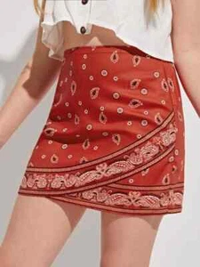 Shein girls 10yrs or 11-12yrs paisley print high waist wrap mini skirt red nip - Picture 1 of 3