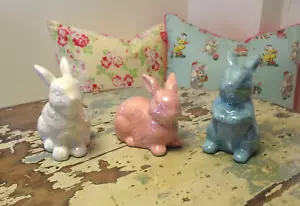 Set of 3 Easter Bunny Figurines Vintage Retro Pink White Aqua Blue Iridescent - Picture 1 of 8