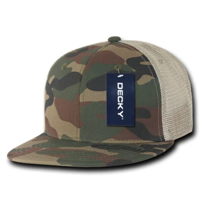 Decky Trucker Cap - Woodland Camouflage & Khaki 6 Panel Flat Bill 1055-WWK - Image 1 of 3