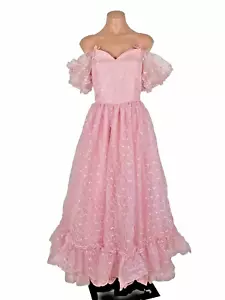 VTG 70s Off Shoulder UNION MAXI PRAIRIE HIPPIE BOHO DRESS Pink Prom Lace 5/6 - Picture 1 of 13