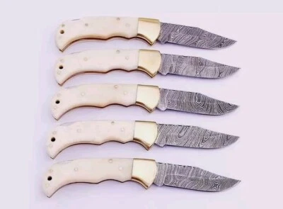 Lote DE 5, Cuchillo de Bloqueo Trasero Hoja Plegable Acero Damasco Mango Blanco CON CUBIERTA Foto 1 de 3