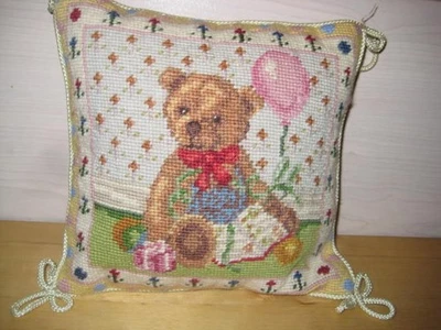 Katha Diddel Needlepoint Pillow 10 Inch Teddy Bear Folk Art Wool Velvet Back EUC - Image 1 of 4