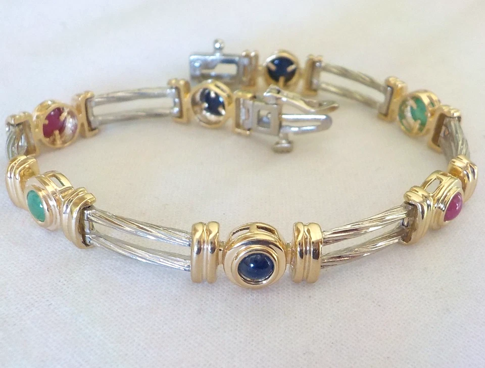 Heavy 14k Multi Gold Cable Sapphire Ruby Emerald Bracelet - 15.32 gms, 6.9 inch - Image 1 of 4