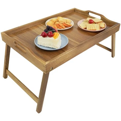 Akazienholz Bett Tablett Tisch, großes Frühstückstablett mit klappbaren Beine... - Bild 1 von 4