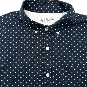 Penguin Men's Short Sleeve Blue AOP Stars Large Button Down Casual Cotton Shirt - Picture 1 of 6