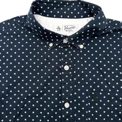 Penguin Men's Short Sleeve Blue AOP Stars Large Button Down Casual Cotton Shirt - Image 1 of 4