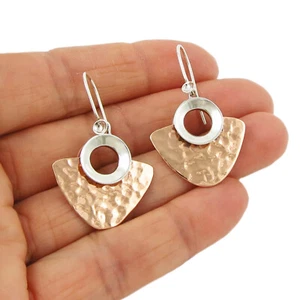 Two Tone Earrings 925 Sterling Silver and Hammered Taxco Copper Dangling Drop - Picture 1 of 5