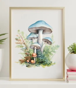 Mushroom Art Print, Blue Mushrooms Print, Nature Wall Art Print, Forestcore - Picture 1 of 2