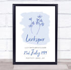 Larkspur Blue July Flower Summer Birthday Line Art Meaning Personalised Print