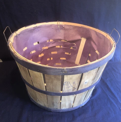 Vintage Wood Mason Orchard Fruit Bushel Basket w/ Purple Paper Liner & Wood Cover