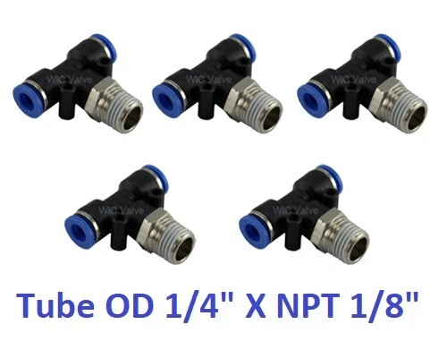 Branch T 3 Way Connector Tube OD 1/4" X NPT 1/8" Air Push In Fitting 5 Pieces - Image 1 of 1