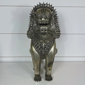 Large 16” Thai Silver/Metallic Foo Dog Singha Temple Guardian Lion - w/ Patina - Picture 1 of 6