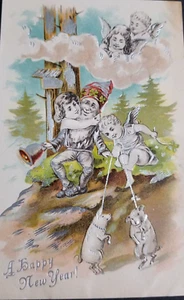 NEW YEAR'S -VERY FINE UNUSED RARE GNOME/PIGS & ANGELS CARD - Picture 1 of 2