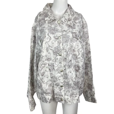 Lucy & Laurel Jacket Womens Sz 1X White Gray Floral Linen Button Up Lightweight  - Image 1 of 4
