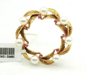 VINTAGE 18K YELLOW GOLD PEARLS & RUBIES ON THE LEAFS CICRCLE PIN BROOCH. 35MM - Picture 1 of 11