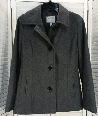 Abrigo para mujer Nautica mezcla de lana gris con botones talla mediana Foto 1 de 4