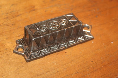 Antique Victorian Cast Iron Detailed Bin Apothecary Cupboard Drawer Pull L-137 Cover