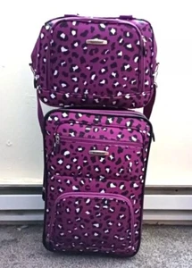 Rockland 2 Pcs Expandable Softside Luggage Set Carry On Tote Bag Purple Leopard - Picture 1 of 11