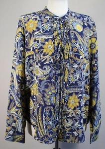 Lands' End 14 Blue Yellow Paisley Floral 100% Silk Pleat Front Top - Picture 1 of 10