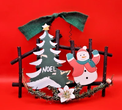 Colgante de pared decorativo de Navidad - Muñeco de nieve de madera y árbol de Navidad - Vintage Foto 1 de 2