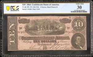1864 $10 BILL CONFEDERATE CURRENCY CIVIL WAR NOTE PAPER MONEY T-68 PCGS 30 - Picture 1 of 3
