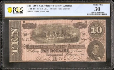 1864 $10 BILL CONFEDERATE CURRENCY CIVIL WAR NOTE PAPER MONEY T-68 PCGS 30 - Image 1 of 3