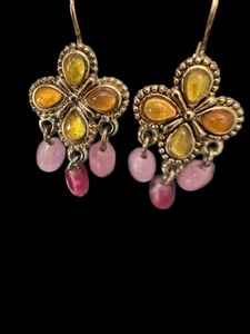 Pendientes de araña vintage Liz Claiborne de vidrio rosa colgante naranja cabujón J6 - Imagen 1 de 3