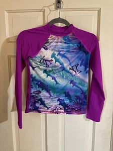 Lands’ End Girl Large 10-12 Long Sleeve Swim Suit Rash Guard Multi Colored Shark - Picture 1 of 7