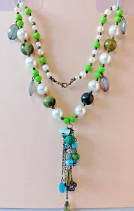 "VB7" UNIQUE lovely faux pearl green turquoise beads Y-drop necklace - Picture 1 of 8