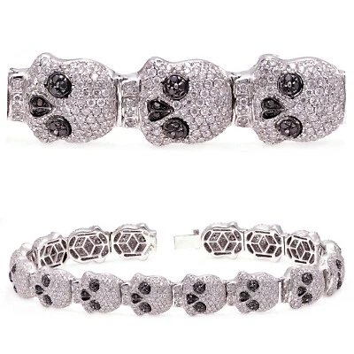Brazalete Calavera Diamante Blanco y Negro Oro Blanco 18k 7.32ctw Certificado IGI 8" Foto 1 de 2