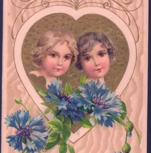 WINSCH...1910 VALENTINE'S DAY CUPIDS,BLUE CORNFLOWERS,GOLD HEART,OLD POSTCARD - Picture 1 of 3