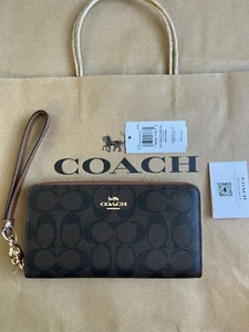 NWT Authentic COACH C4452 Signature LONG ZIP AROUND WALLET Brown/Redwood - Picture 1 of 5