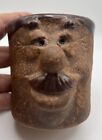 Funny Face Mug/Cup/vase  3.25"  Mustache Man Stoneware Pottery Brown Beige 3D