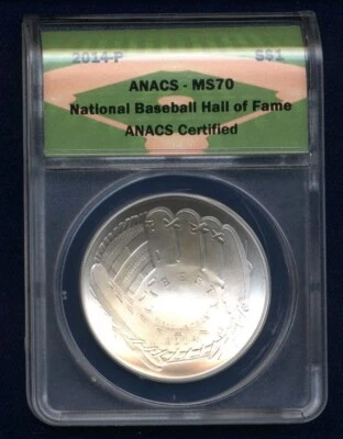 U.S 2014-P BASEBALL HALL OF FAME SILVER DOLLAR UNCIRCULATED CERTIFIED ANACS MS70 - Image 1 of 2