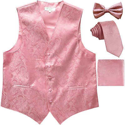 New Men's Paisley Tuxedo Vest Waistcoat & necktie & Bow tie & Hankie Pink formal - Image 1 of 4