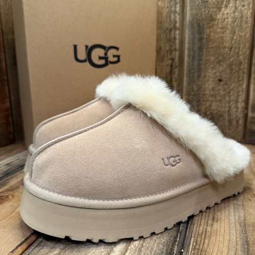 UGG DISQUETTE PLATFORM PANTOFOLE DONNA US 7 SABBIA SCAMOSCIATA LANA SLIDE SANDALO