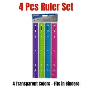 Juego de 4 reglas de plástico 12 pulgadas 30 cm colores transparentes borde recto orificios aglutinantes - Imagen 1 de 2