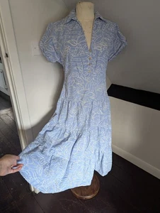 Zara Light Blue Cutwork Embroidery Cotton Tiered Summer Dress VGC Large - Picture 1 of 13