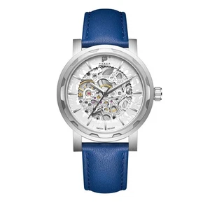 PUNCH Mens Watch, Silver & White Skeleton Automatic Watch - Blue Leather Strap - Picture 1 of 10