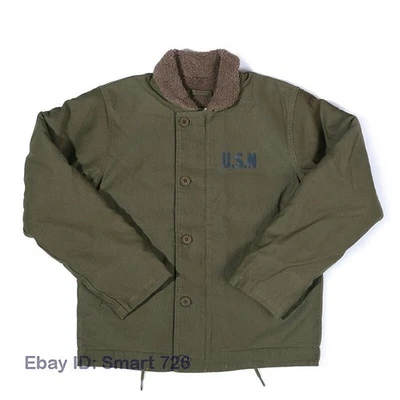Men's Retro USN Navy N-1 Deck Jacket Winter Military Fleece Flight Jackets Coats - Image 1 of 4